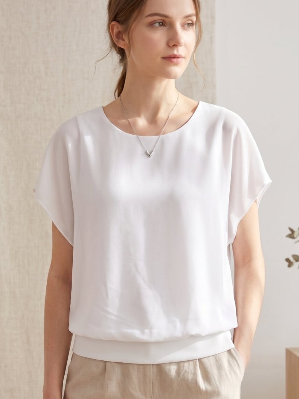NWOT | White Sheer Chiffon Layered Short Sleeve Blouse with Inner Lining Small